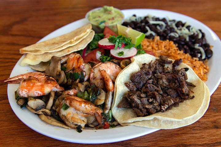 Combo of Taquitos, beef and camarones a la diabla.